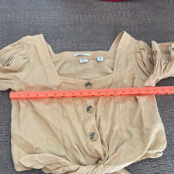 Scotch & Soda Maison Scotch XL tie-front button top puff sleeve tan linen blend - Picture 6 of 8